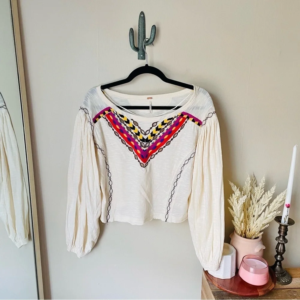 Free People Boho Embroidered Long Sleeve Hand Me Down Top